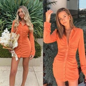 With Jean Bold Orange Ruched Button-Down dress